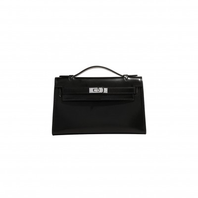 HERMÈS MASTER BLACK BOX LEATHER KELLY POCHETTE BAG (22*14*7cm) 